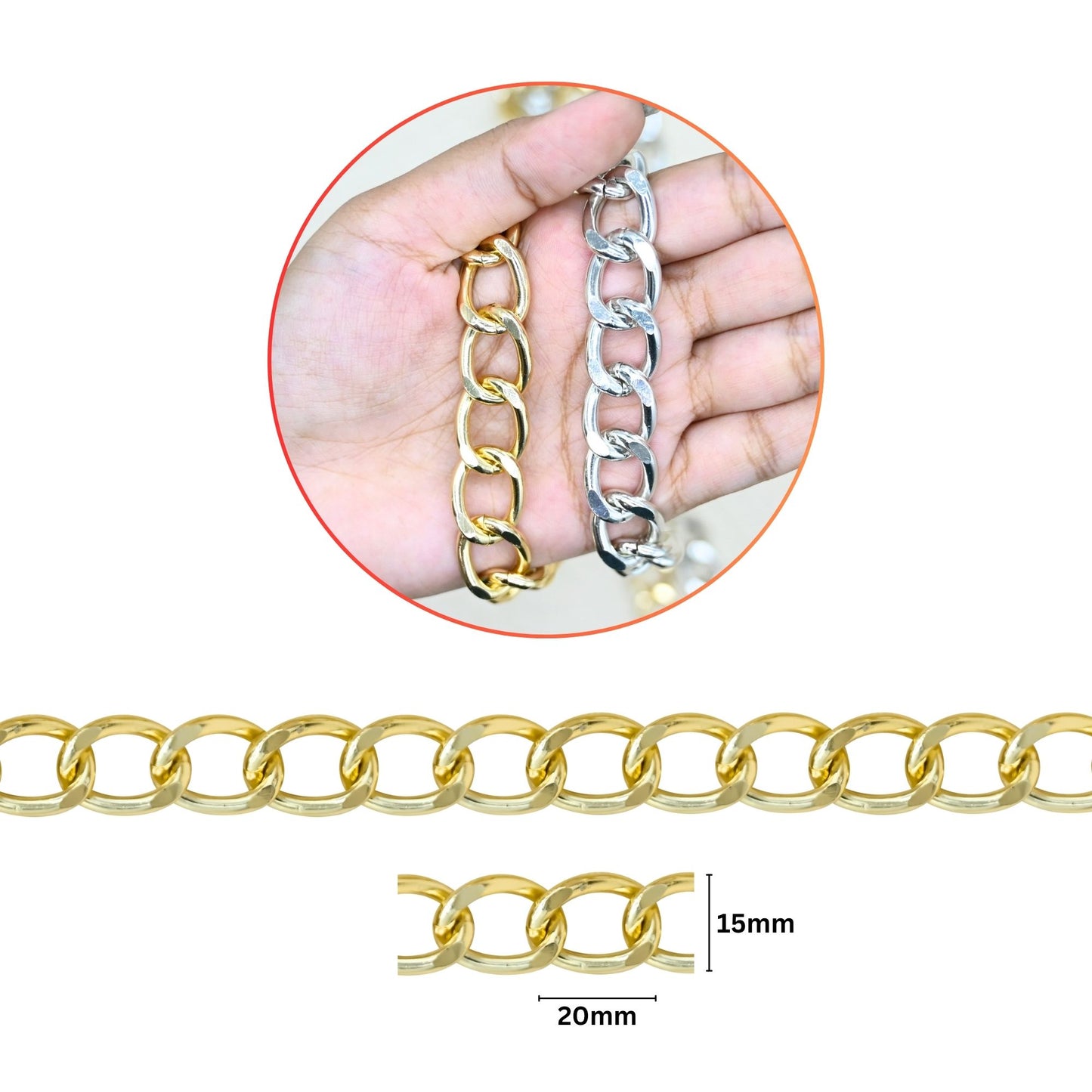 Aluminium Chain | Size : W-15mm H-20mm | Qty : 1mtr | JT-19-35-20