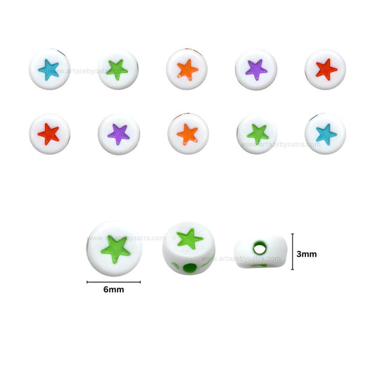 Round Beads in White with Colorful Star | Size : 6mm | PB64