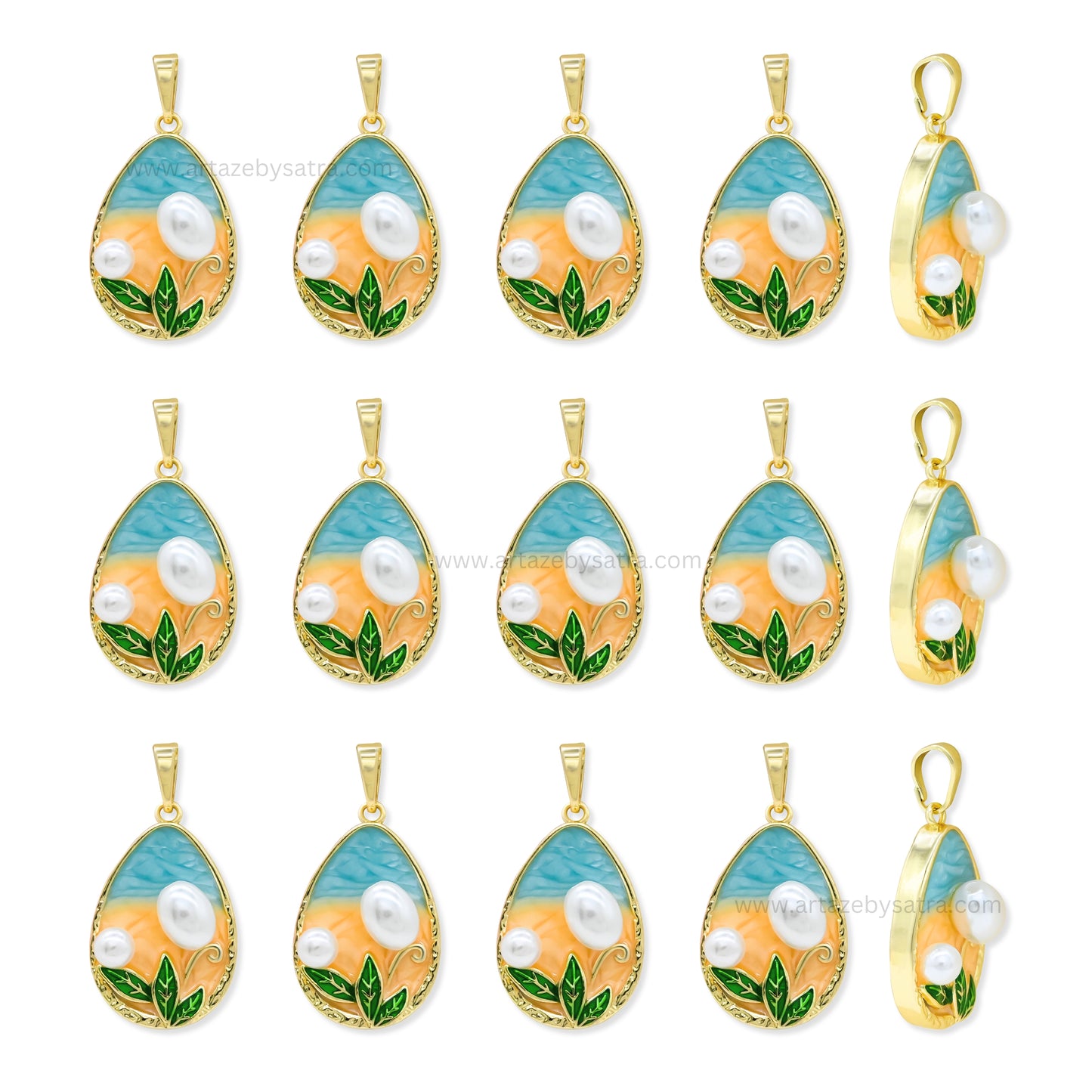 Gold Filled Enamel Beach Scene Teardrop Pendant with Pearl | Qty : 1pc | Size : 33mm