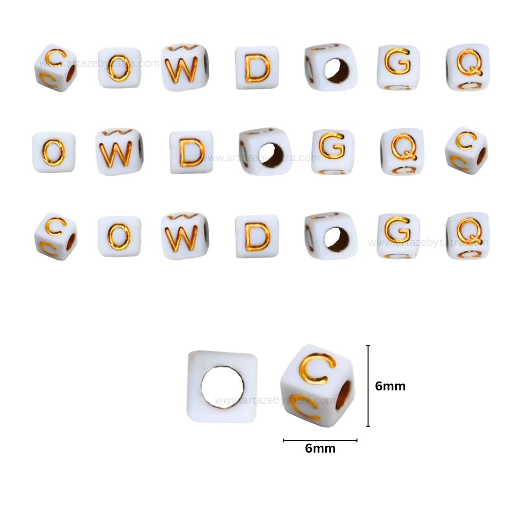 White Square Alphabet Plastic Beads | Size : 6mm | PB114