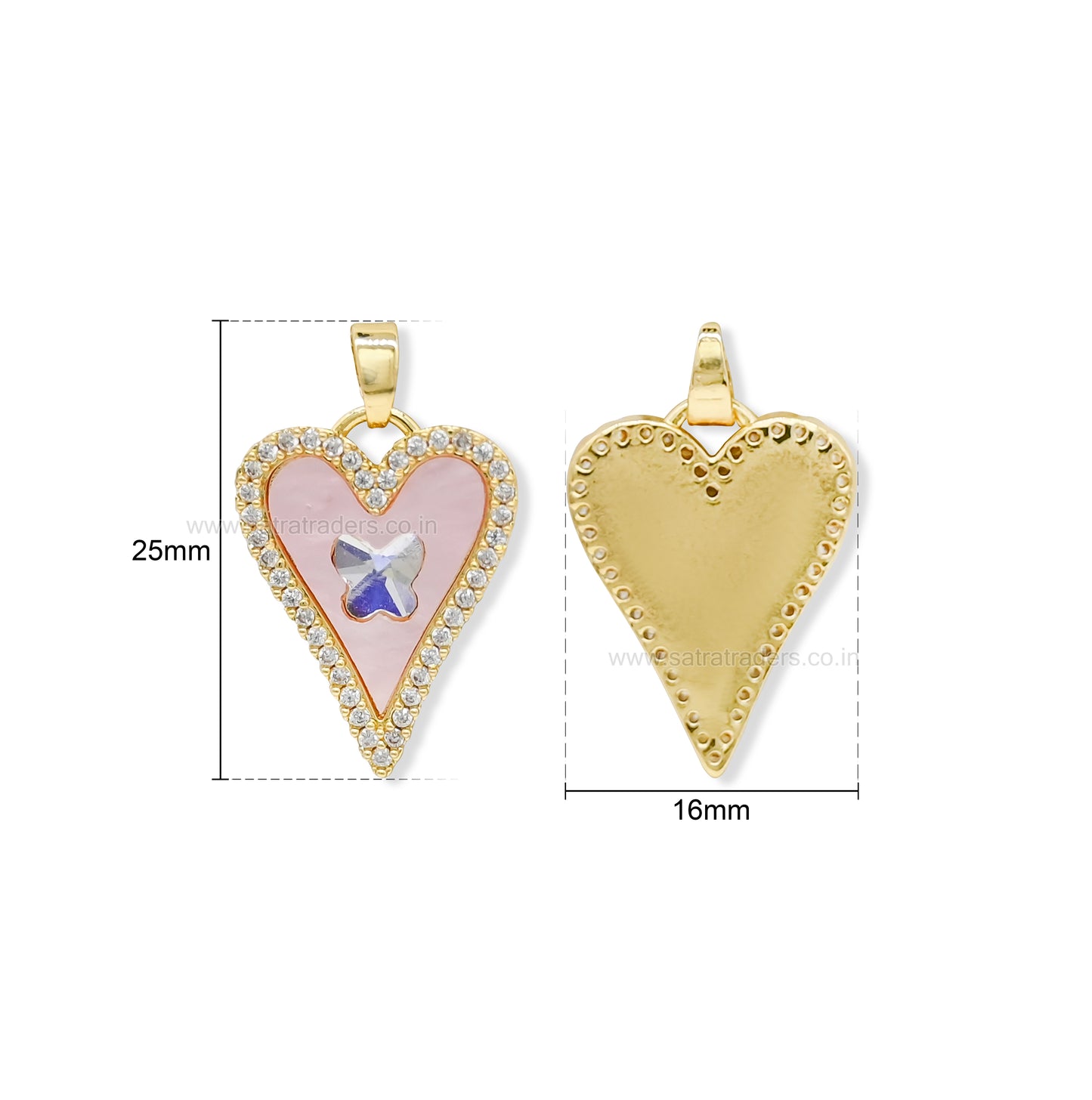 Pink Heart with Crystal Butterfly Anti-Tarnish Charm | Size : 25mm | Qty : 1pc |CHL183