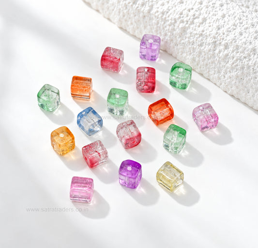 Assorted Crackle Glass Cube Beads | Size : 7mm | GB104