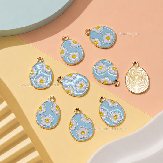 Light Blue Enamel Easter Egg Charm with White Daisies | Size : 20mm | Qty : 10pcs | CHE209