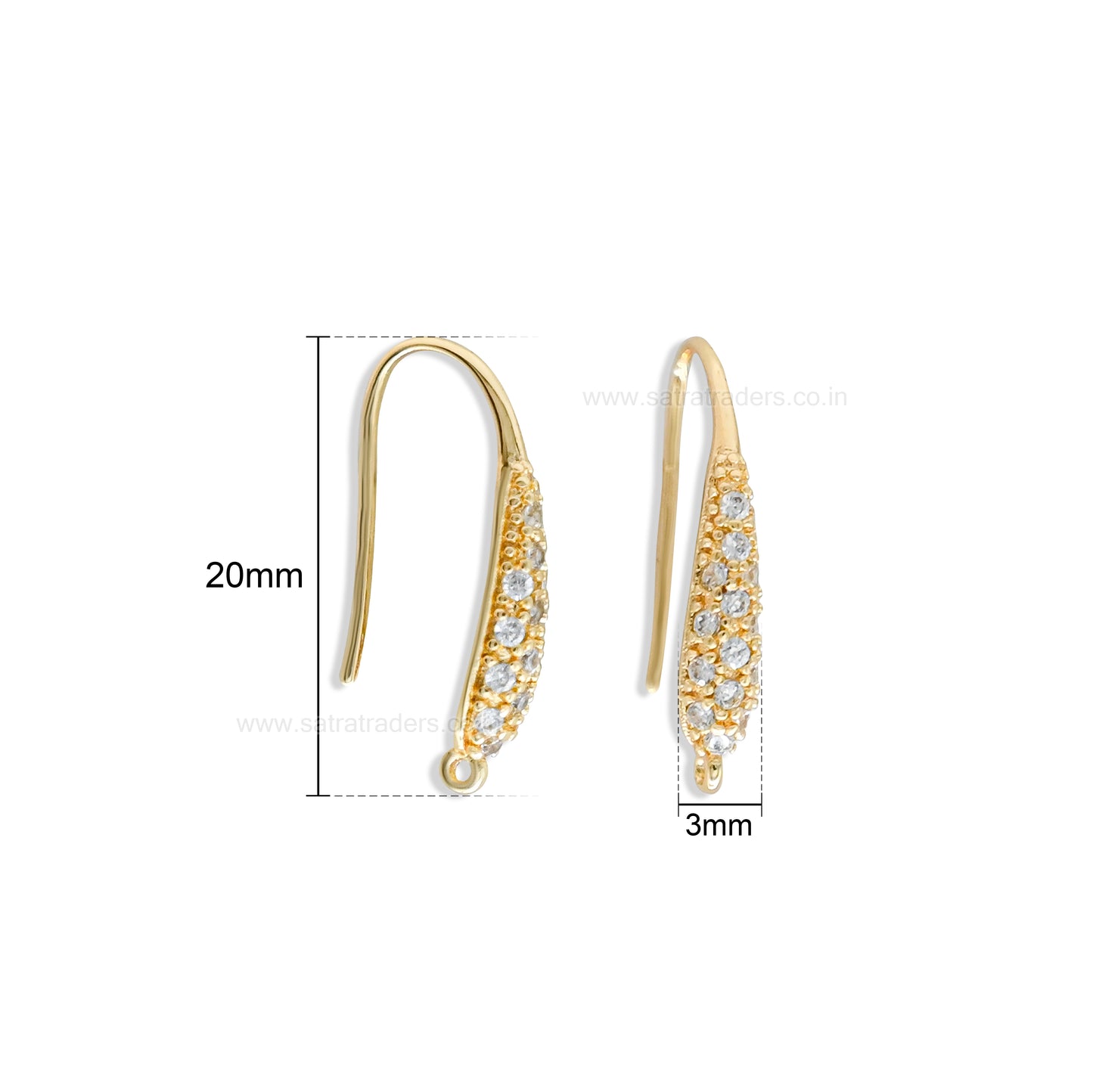 18k Gold Plated Brass Pave Diamond Earring Hooks | Size : 20mm | Qty : 2pcs |