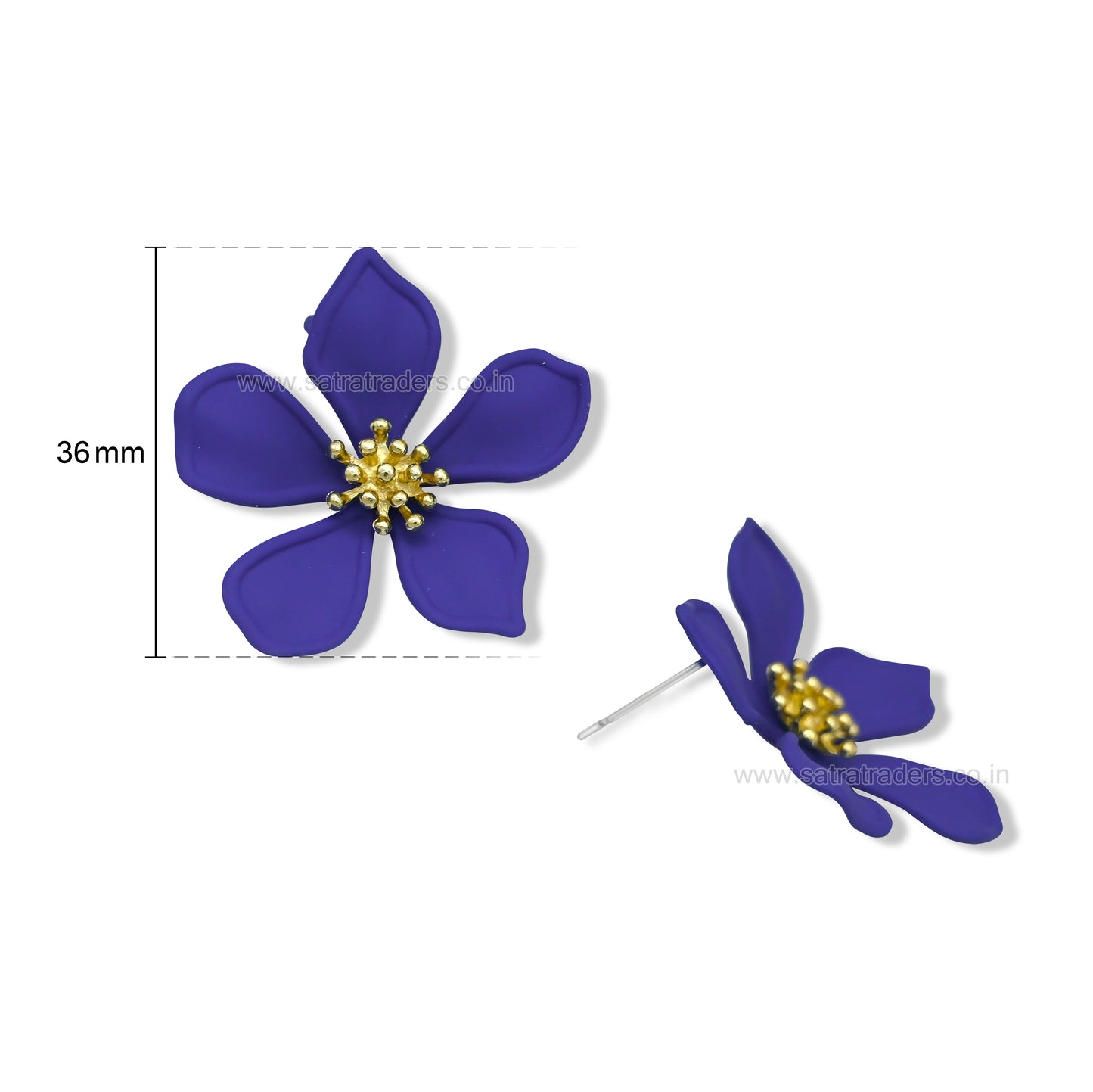 Matte Finish 5-Petal Flower Stud Earrings with Gold Center Stamen | Qty : 1pair | RJ06