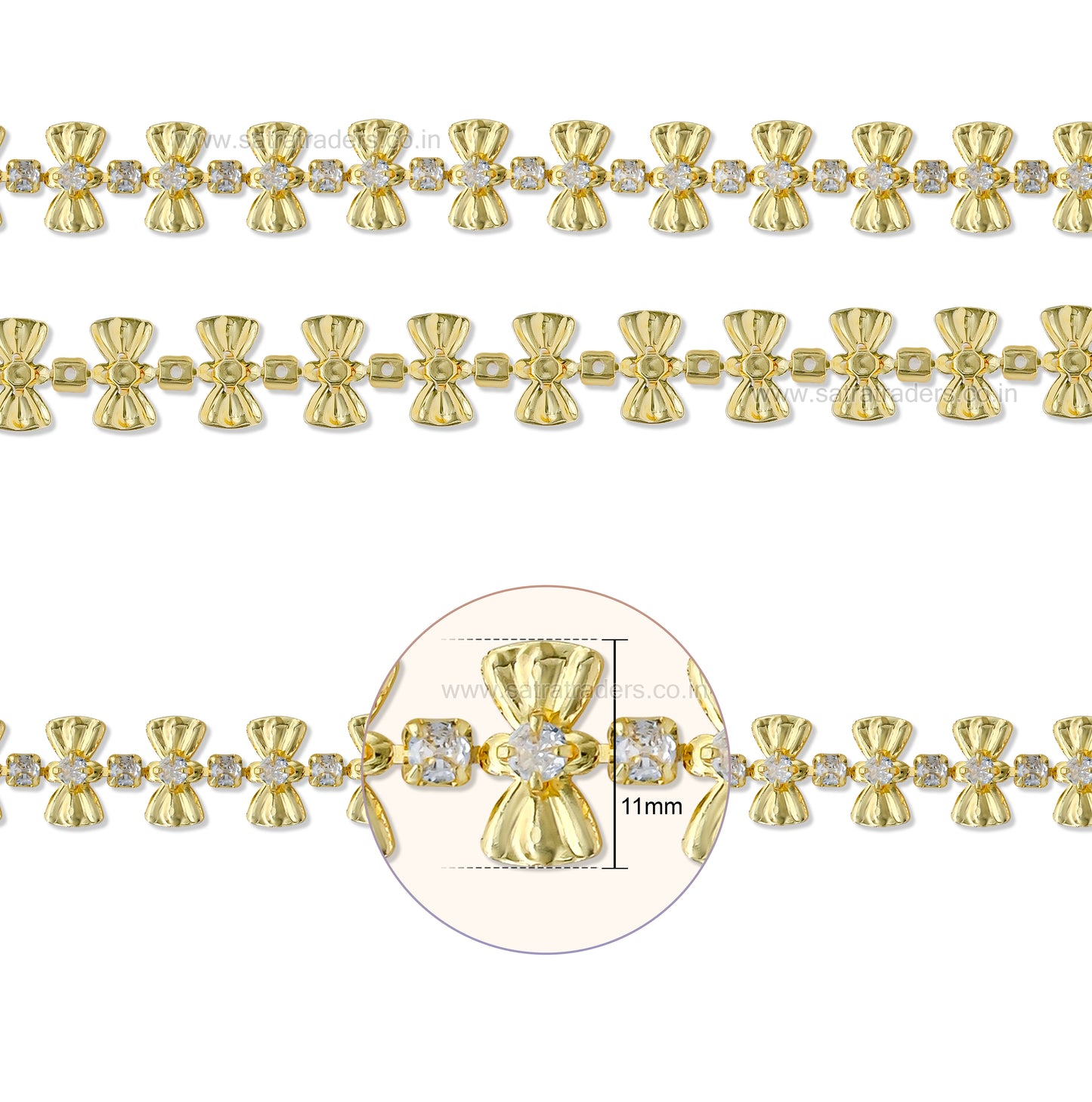 Brass Bow Pattern Rhinestone Cup Chain | Size : 1m | BC1007