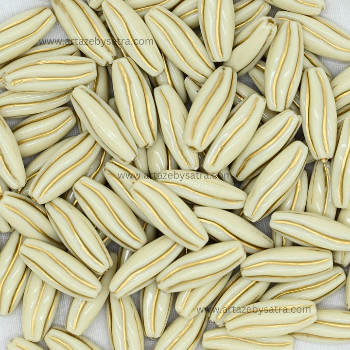 Rice Shape Gold Striped Spacer Beads | Size : 25mm