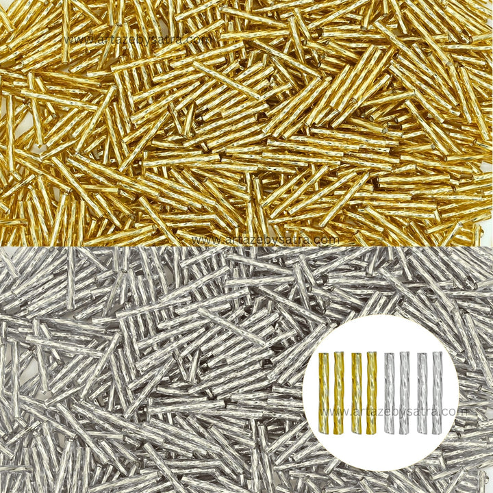 Twisted Gold & Silver Glass Tube Beads | Size : 25mm | Qty : 100g