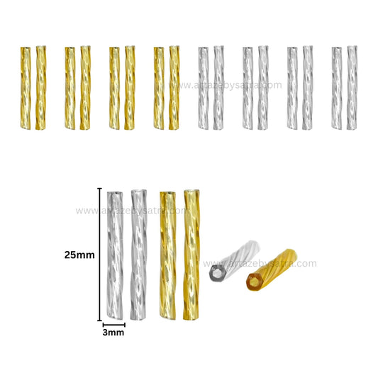 Twisted Gold & Silver Glass Tube Beads | Size : 25mm | Qty : 100g | PB208