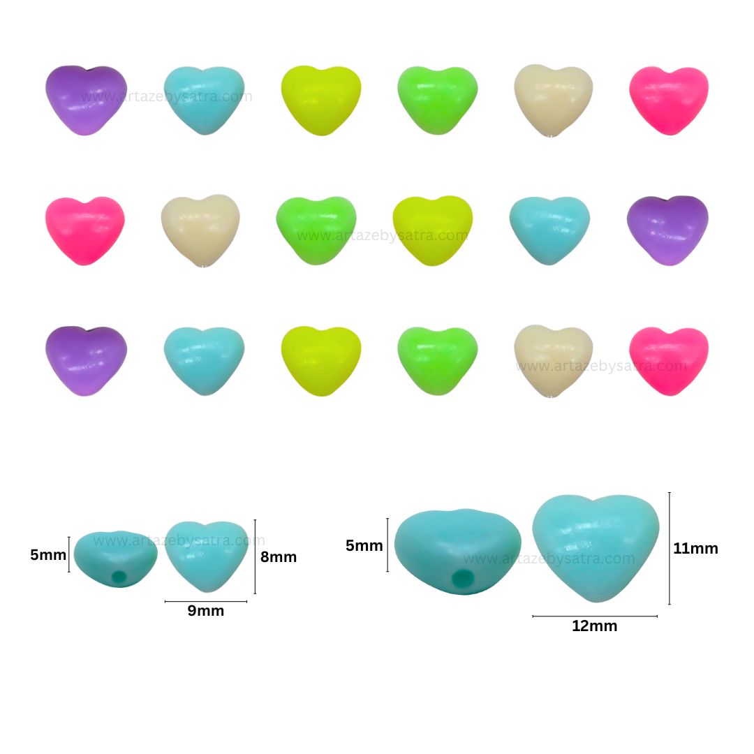 Assorted Heart Pastel Plastic Beads | Size : 9mm, 12mm | PB146