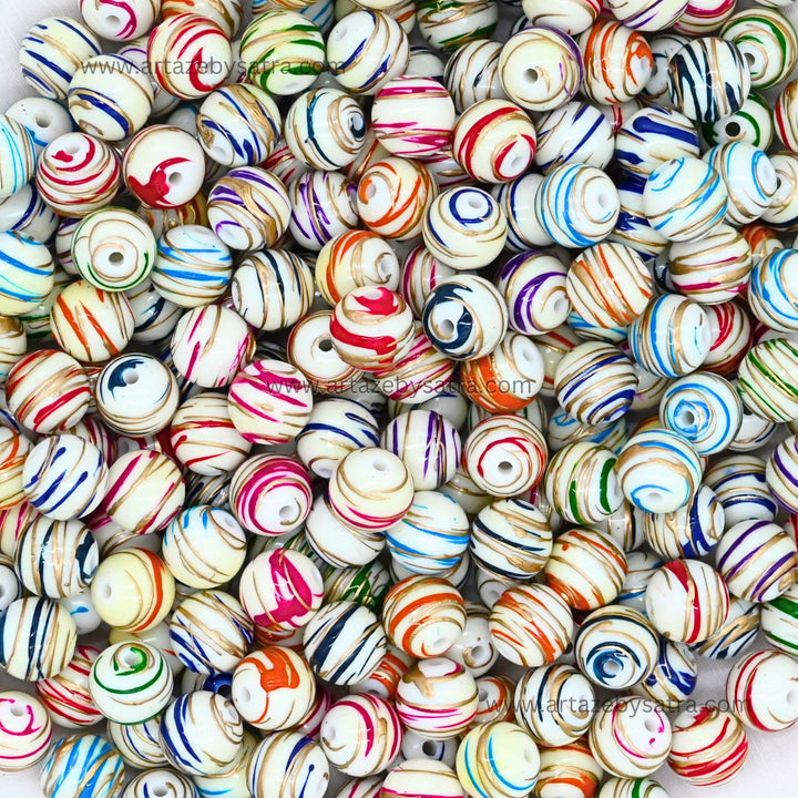 Assorted Swirl Striped Round Exclusive Acrylic Beads | Size : 14mm | Qty : 10ps