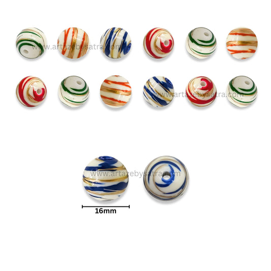 Assorted Swirl Striped Round Exclusive Acrylic Beads | Size : 14mm | Qty : 10ps | PB212