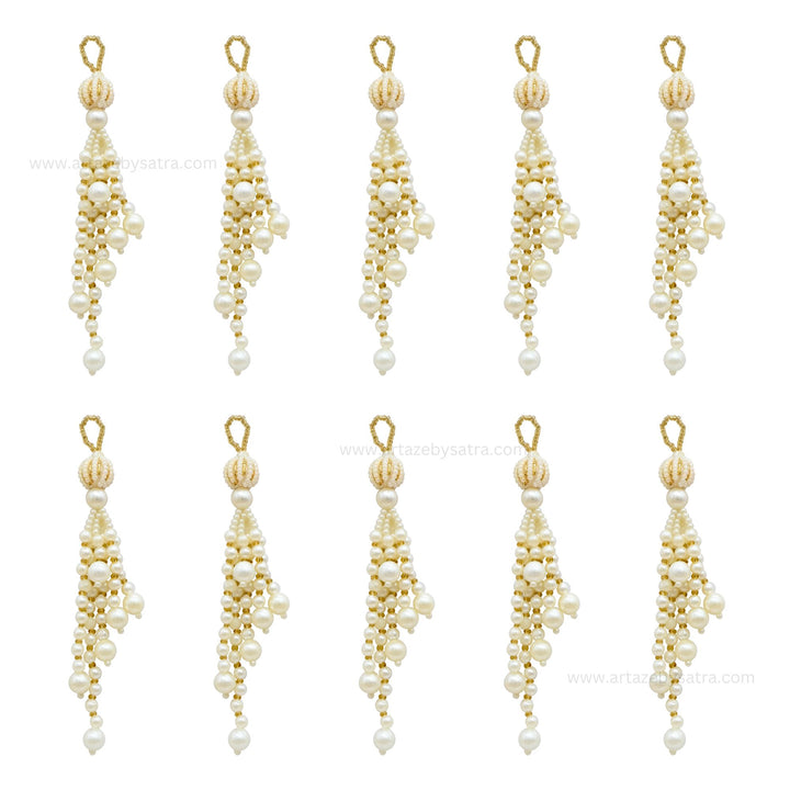 Ivory Pearl & Gold Bead Tassels | Size : 6inch | Qty : 5pcs | No.12