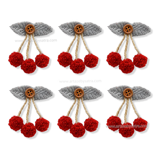 Triple Cherry Pom-Pom Appliques | Size : 50mm | Qty : 6pcs