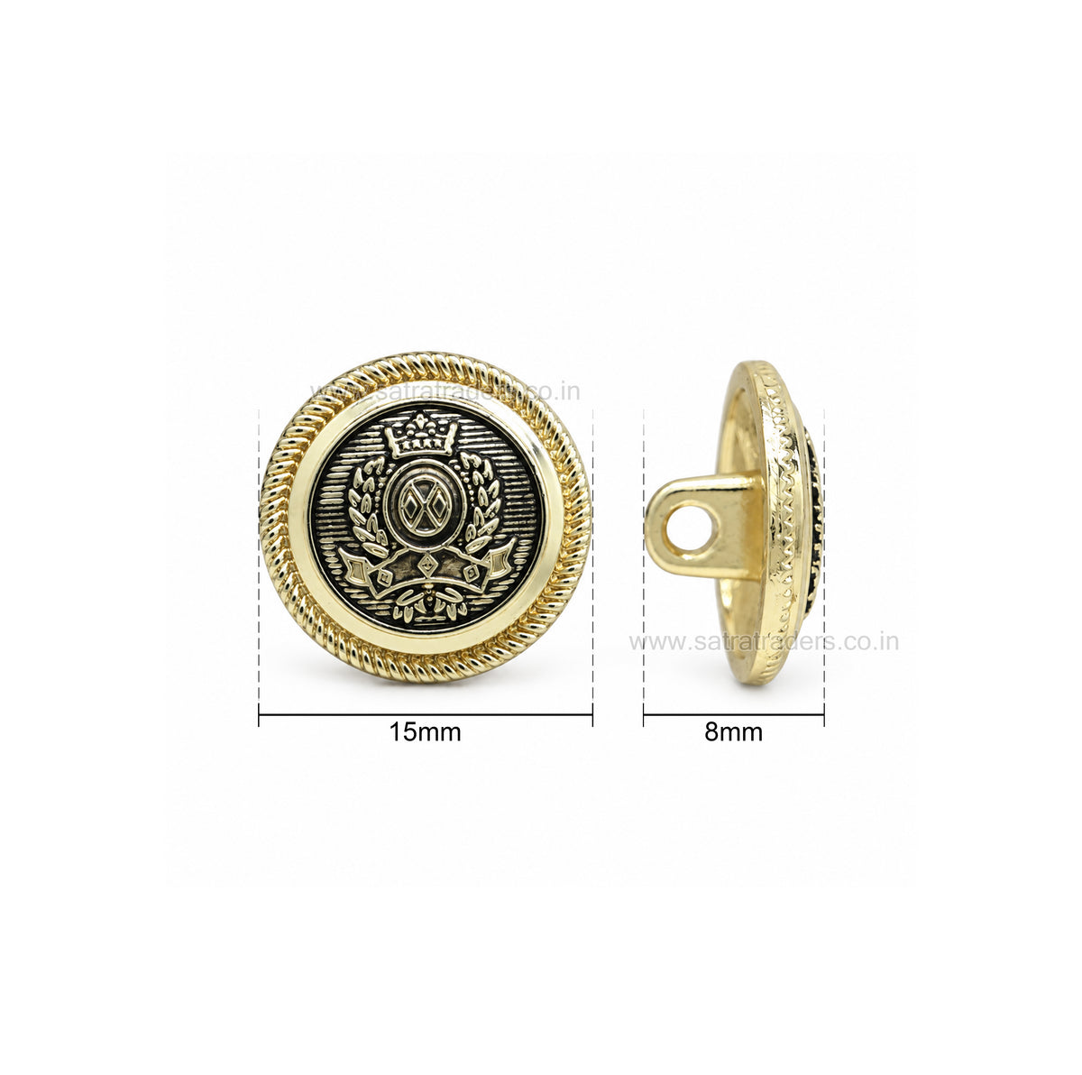Royal Crest Metal Shank Buttons with Loop | Size : 15mm | Qty : 6pcs