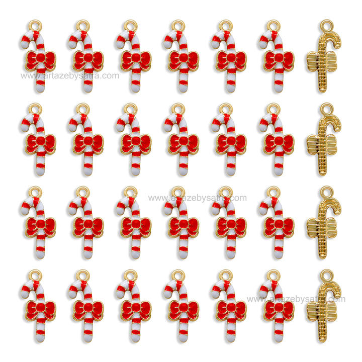 Bow-Tied Candy Cane Enamel Charms | Size : 21mm | Qty : 10pcs