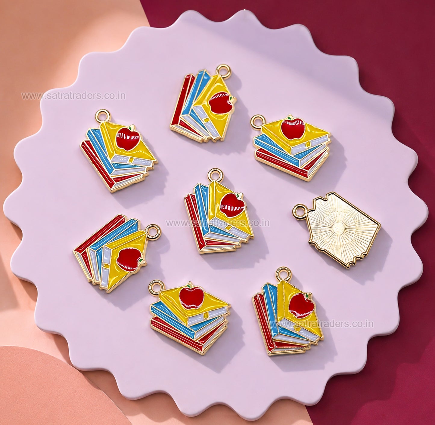 Enamel School Books & Apple Charm | Size : 21mm | Qty : 10pcs | CHE212