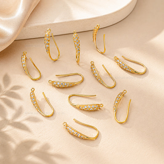 18k Gold Plated Brass Pave Diamond Earring Hooks | Size : 20mm | Qty : 2pcs |