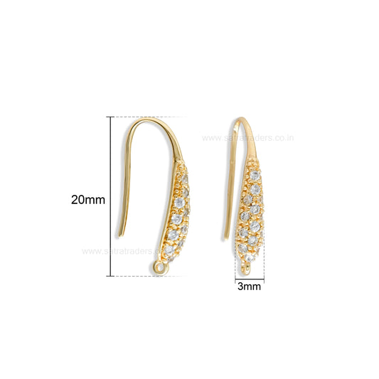 18k Gold Plated Brass Pave Diamond Earring Hooks | Size : 20mm | Qty : 2pcs |
