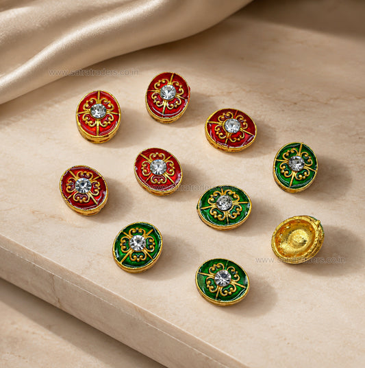 Oval Meenakari Spacer Beads with Rhinestone  | Size : 13mm | Qty : 12pcs | MKB135