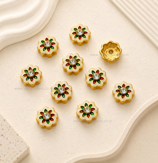 Floral Meenakari Spacer Bead with Rhinestone | Size : 13mm | Qty : 12pcs | MKB127