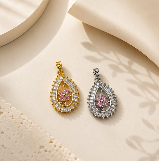 Pink Floral Teardrop Anti-Tarnish Charm | Size : 26mm | Qty : 1pc | CHL173