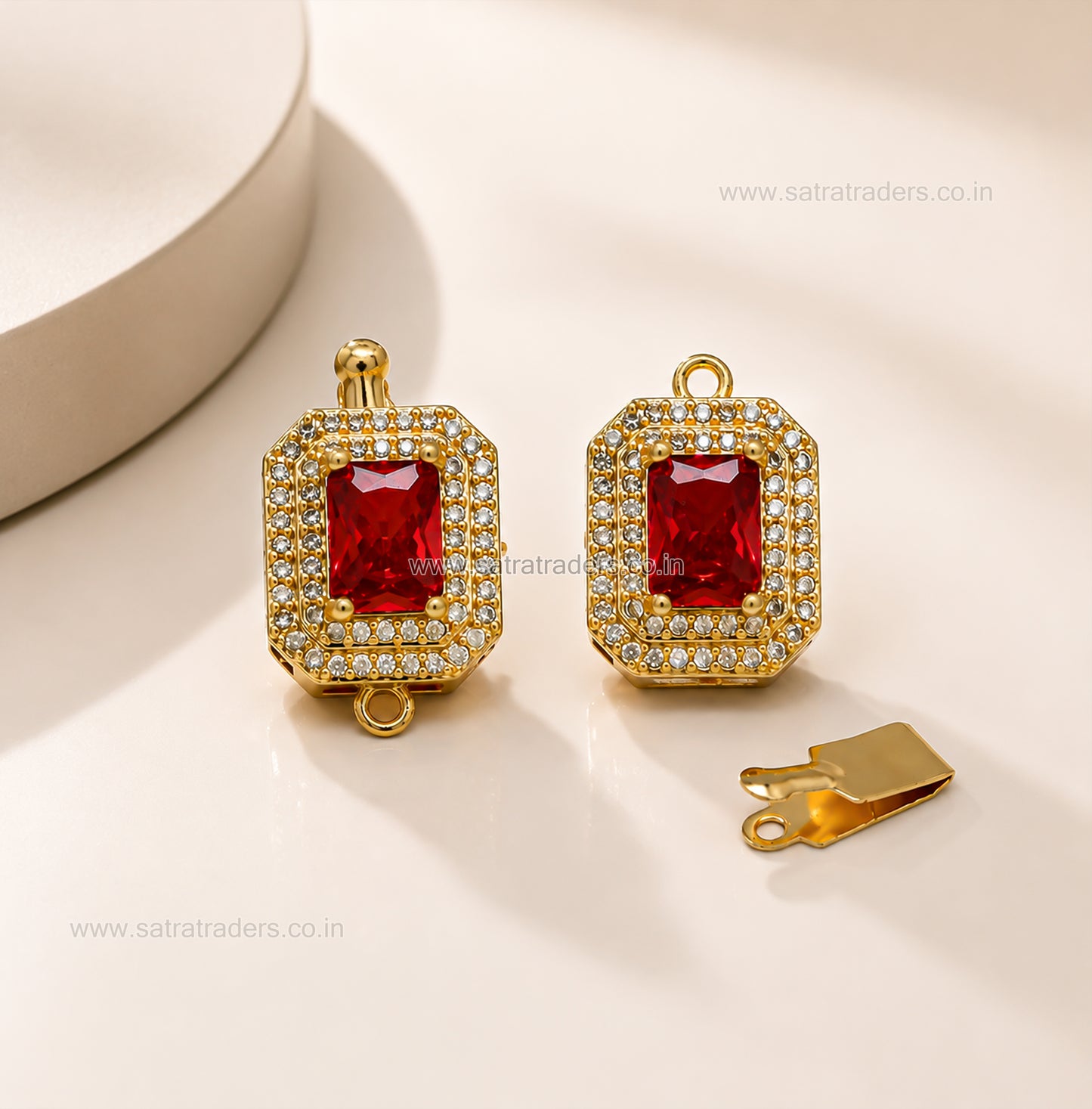 High Quality Emerald-cut red Brass Connector Charm With clip-on | Size : 22mm | Qty : 1pc | BC24