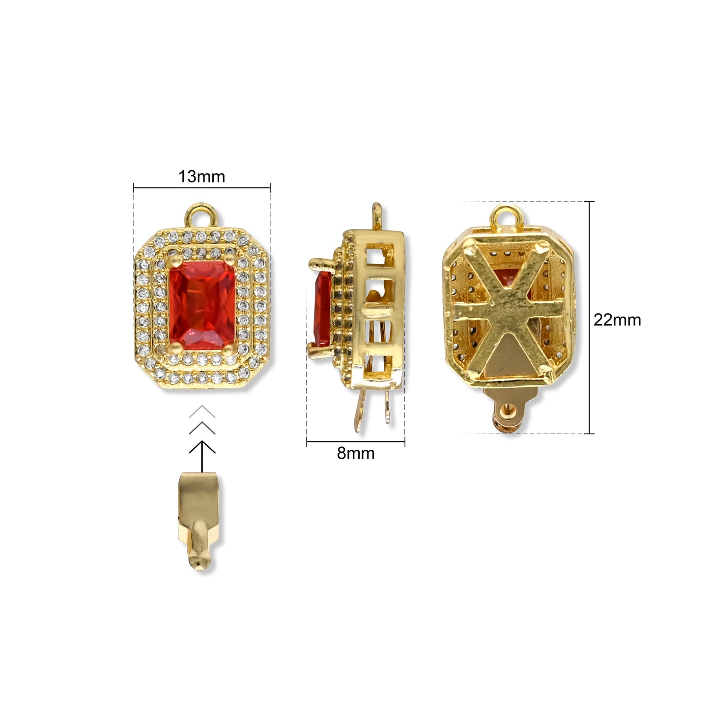 High Quality Emerald-cut red Brass Connector Charm With clip-on | Size : 22mm | Qty : 1pc | BC24