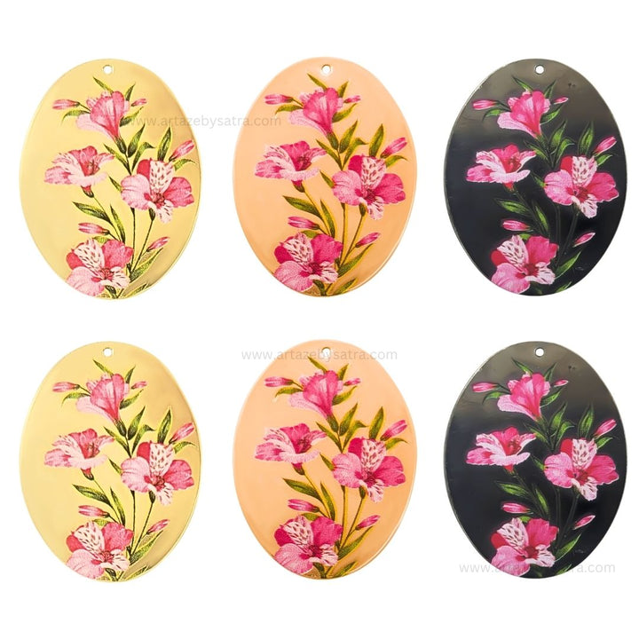 1 Loop Oval Floral Matt Finish Metal Art | Size : 45mm | Qty : 20pcs | MA364