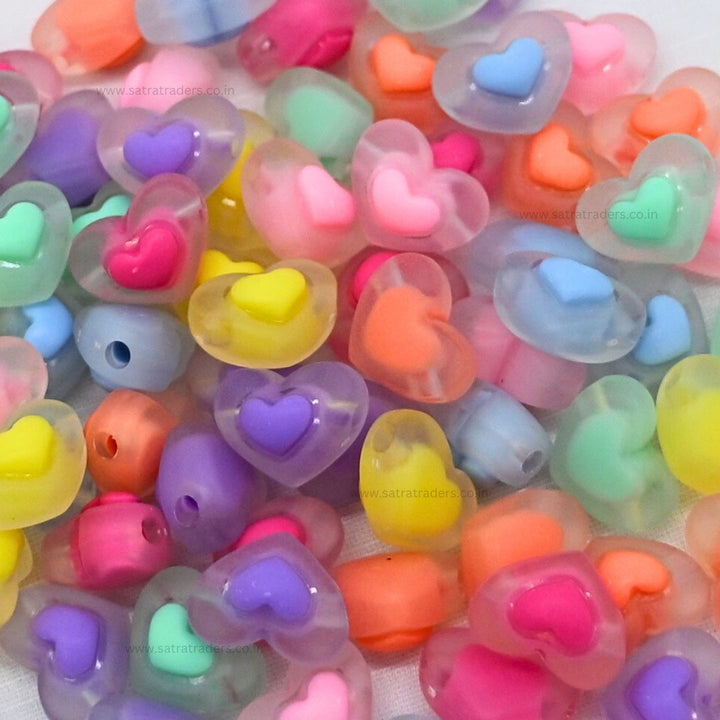Assorted Frosted Heart Plastic Beads | Size : 13mm | PB24