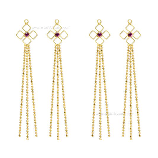 Gold Tone Geometric Earring Charms with Ruby & Cascading Ball Chains  | Qty : 1 pair | Size : 2.7inch