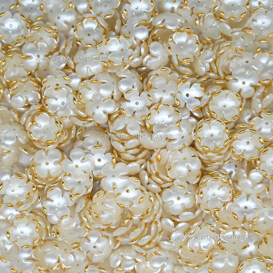 Pearl White Floral Spacer Beads with Gold Edging | Size : 17mm | PPB117