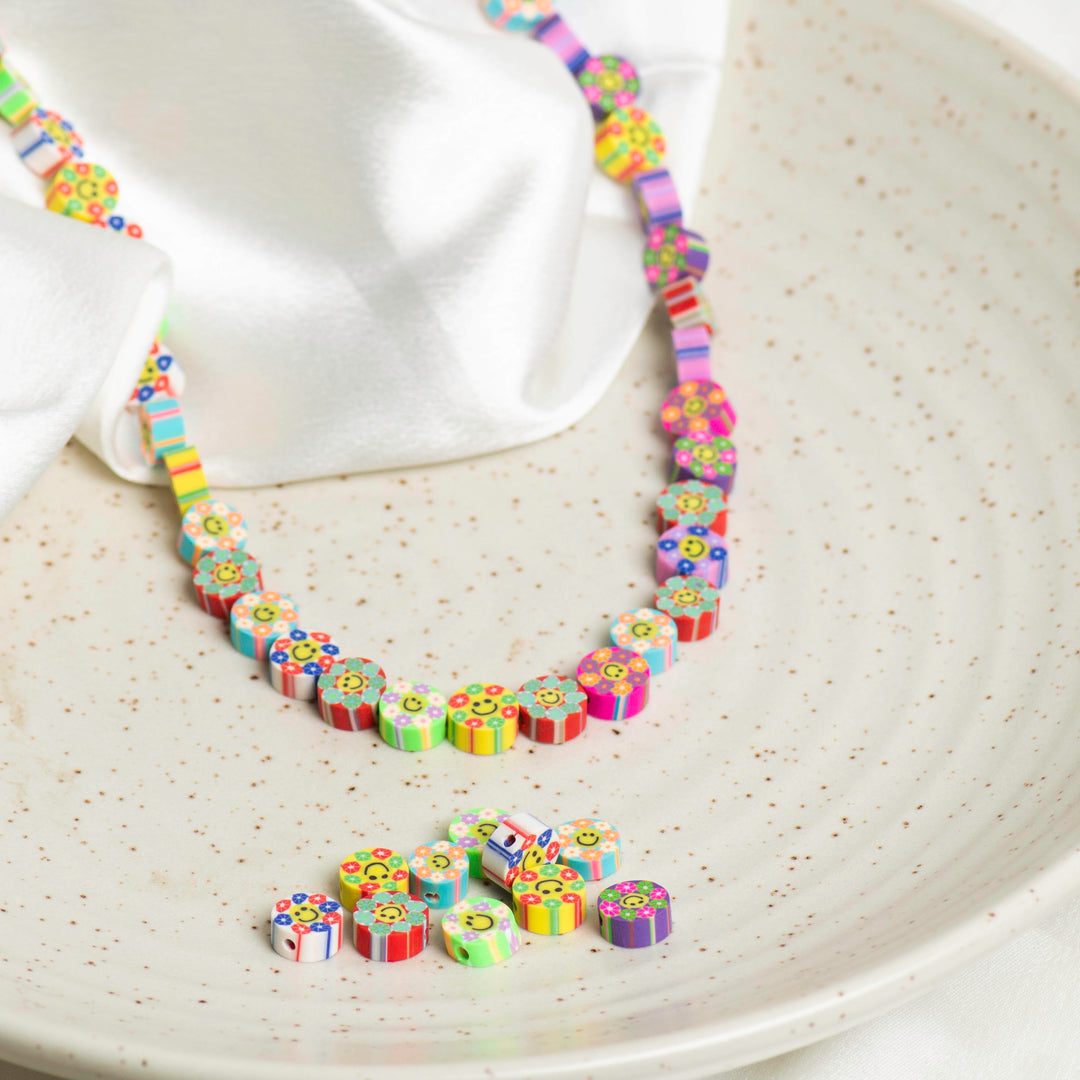 Flower smiley Polymer Clay Fimo Beads |Size: 6mm (W) Thickness 2mm | 1 String 40 pcs | FB05